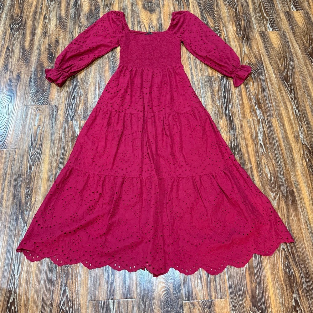 Simplee Size S Eyelet Maxi Dress Womens Red Smocked Tiered Puff Sleeve Cotton